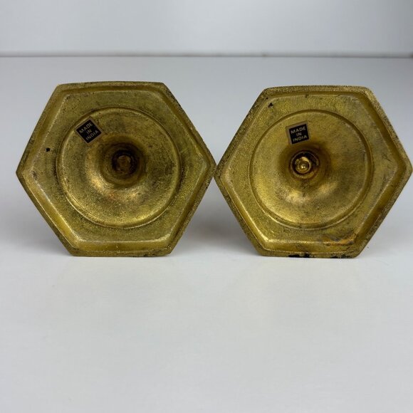 Pair Vintage Brass Hexagonal Base Candle Holders 2.5" Tall Made In India - Picture 3 of 5